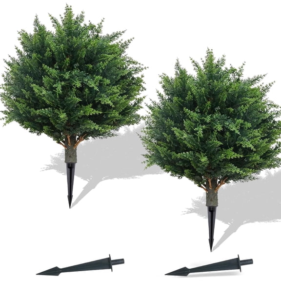 Artificial Outdoor Cedar Ball Trees with Ground Spike Set of 2 22in Pine Green Faux Bushes