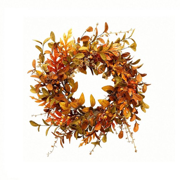 Artificial Outdoor Fall Wreath with Maple and Oak Leaves in Orange, Hanging Loop Fall Front Door Wreath for Porch Display, Rustic Thanksgiving Decor Design with Cascading Foliage