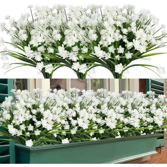 Artificial Outdoor Flowers, 8 Bundles Fake UV Resistant Foliage Greenery Faux Plants Shrubs Plastic Bushes for Indoor Outside Hanging Planter Wedding Farmhouse Decor (Pink)