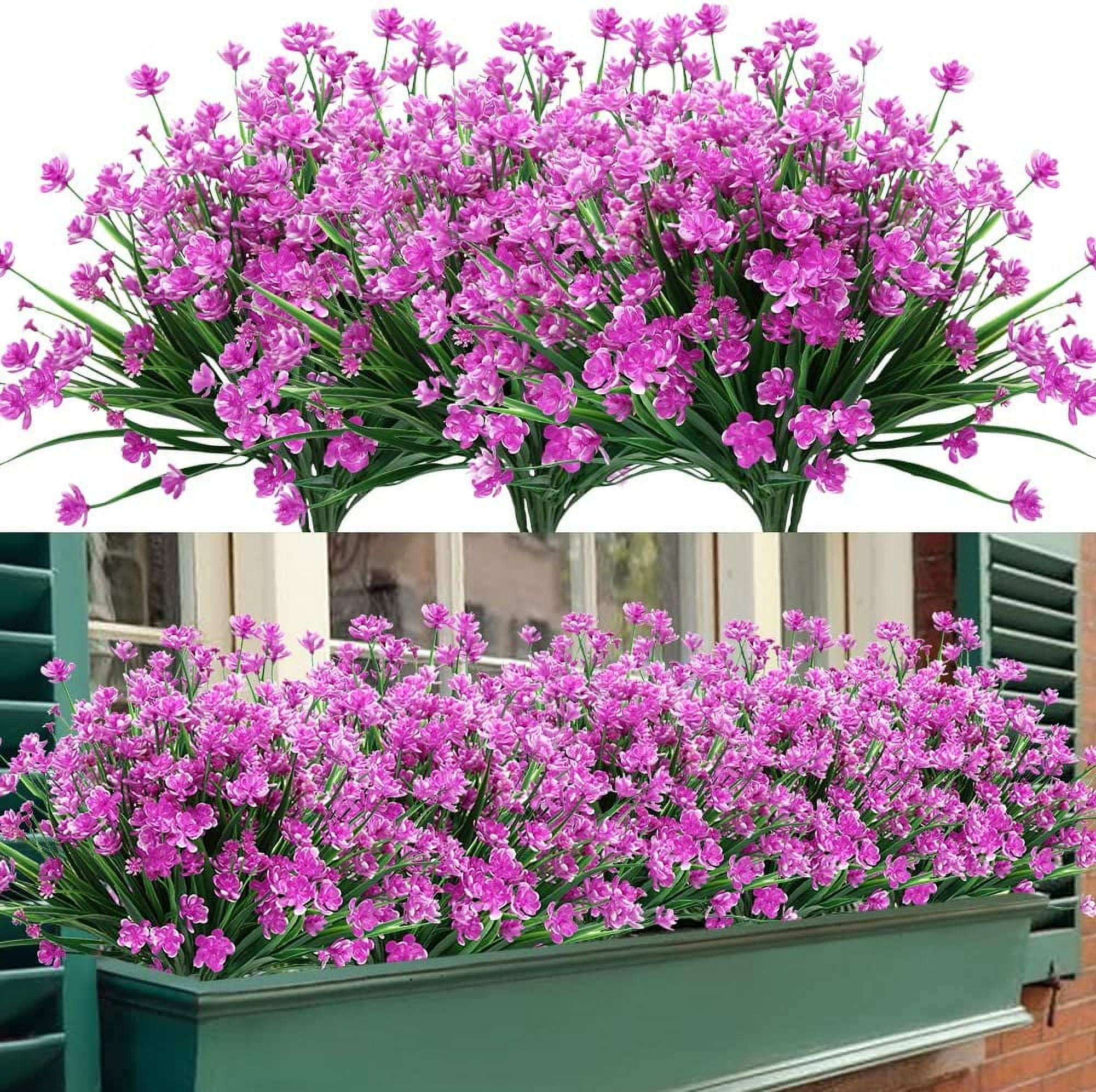  YXYQR 8 Pack UV Resistant Outdoor Artificial Flowers Bulk Faux  Plastic Plants Outside Indoor Fake Hanging Greenery Shrubs Arrangement for  Backyard Window Box Porch Home Decoration (Purple) : Home & Kitchen