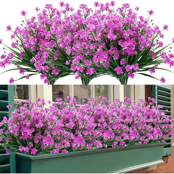 Artificial Outdoor Flowers, 8 Bundles Fake UV Resistant Foliage Greenery Faux Plants Shrubs Plastic Bushes for Indoor Outside Hanging Planter Wedding Farmhouse Decor (Pink)