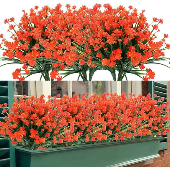 Artificial Outdoor Flowers, 8 Bundles Fake UV Resistant Foliage Greenery Faux Plants Shrubs Plastic Bushes for Indoor Outside Hanging Planter Wedding Farmhouse Decor (Pink)