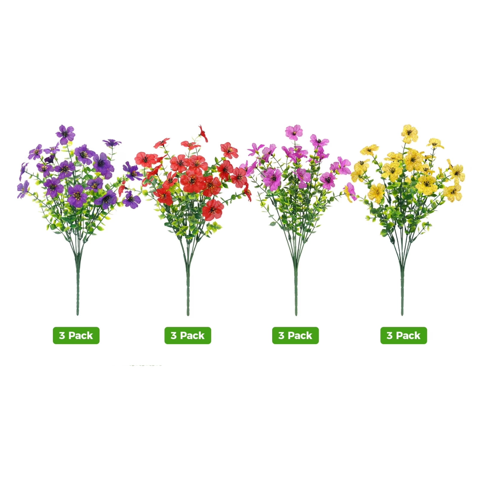 Artificial Outdoor Flowers Fake Silk Flower Bushes Uv Resistant Faux Mixed Purple Yellow Red Floral Arrangements for Porch Patio Garden Wedding Home Decor 12 Pack