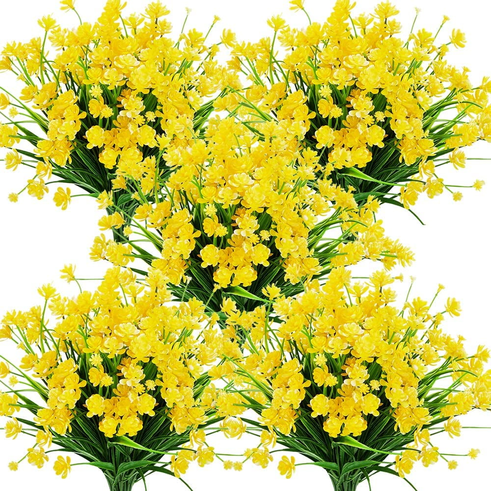 Artificial Outdoor Flowers Fake UV Resistant No Fade Greenery Faux Plants Shrubs for Indoor Outside Hanging Planter Home Office Wedding Farmhouse Decor (Yellow)