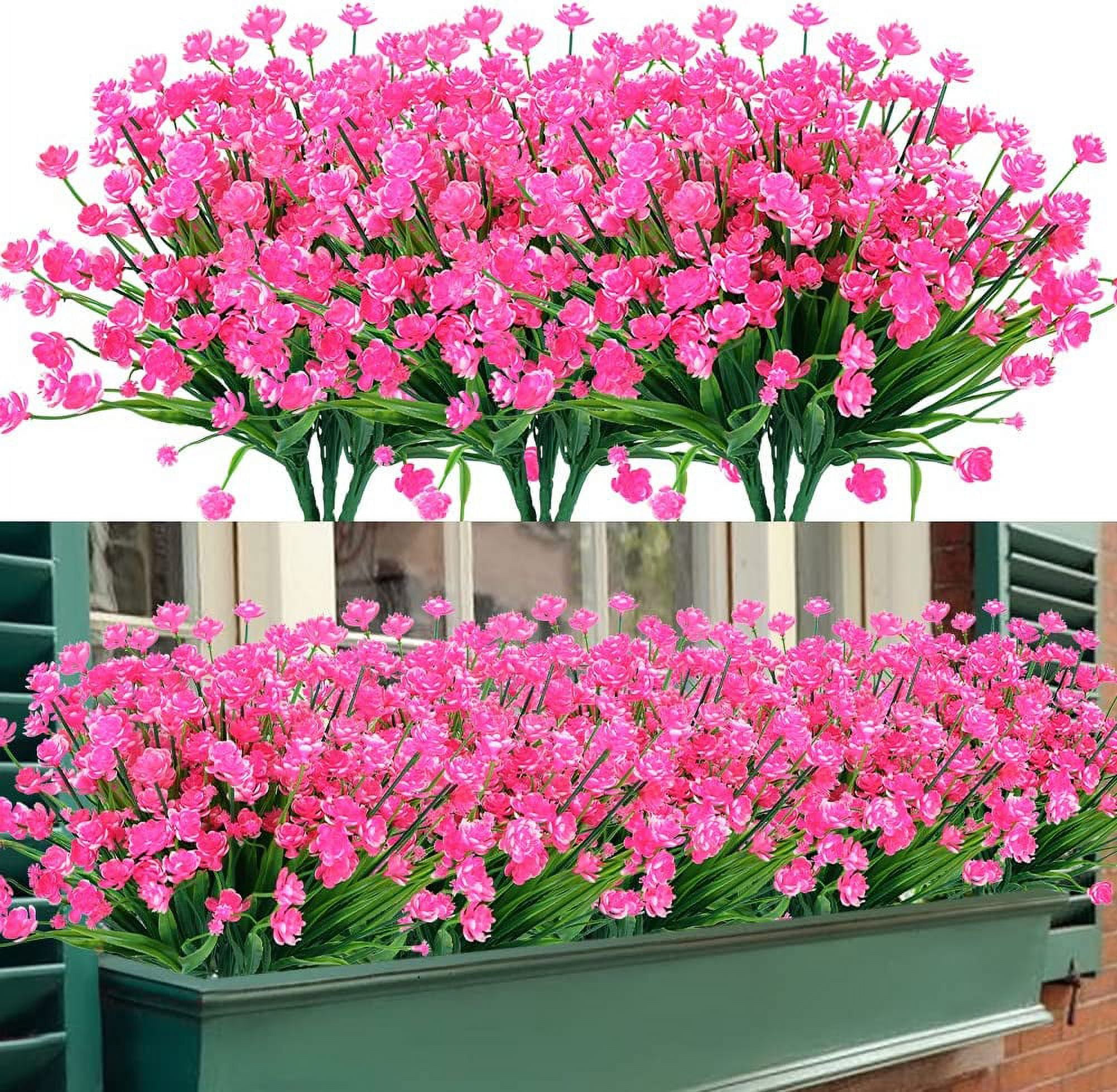 Artificial Outdoor Flowers, Fake UV Resistant Foliage Greenery Faux Plants Shrubs Plastic Bushes for Indoor Outside Hanging Planter Wedding Farmhouse Decor (Pink)