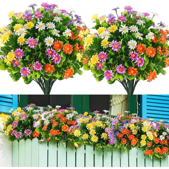 Artificial Outdoor Flowers UV Resistant Plastic Daisy Flowers For Outdoors Colorful Fade Resitant Plastic Fake Plants For Home Window Box Garden Planter Grave Decor(, Multiple Color)