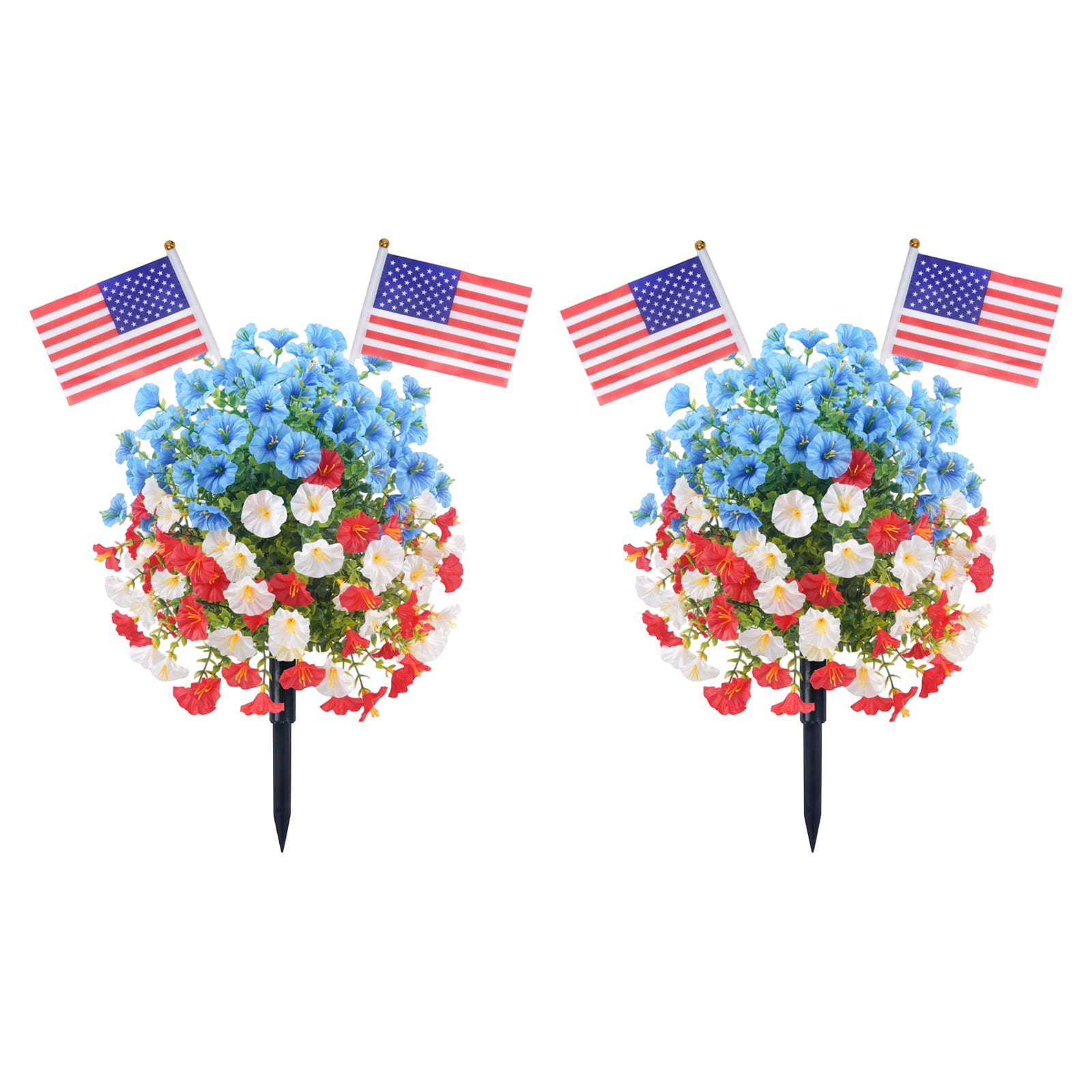 Artificial Outdoor Flowers Uv Resistant, Patriotic Decorations, 4Th of July Decoration, Floral Decorations, Outdoor Garden, Red White Blue, 2 Ground Stakes, 2 Pc