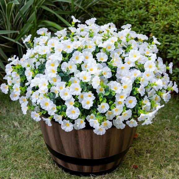 Artificial Outdoor Flowers in Pot, 12 Stems Faux Eucalyptus Morning Glory, UV Resistant Plants for Porch Patio Home Decor, White
