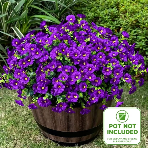 Artificial Outdoor Flowers in a Pot, 12-Stem Faux Eucalyptus and Morning Glory, UV-Resistant Plants for Porch, Patio, and Home Decor, Purple
