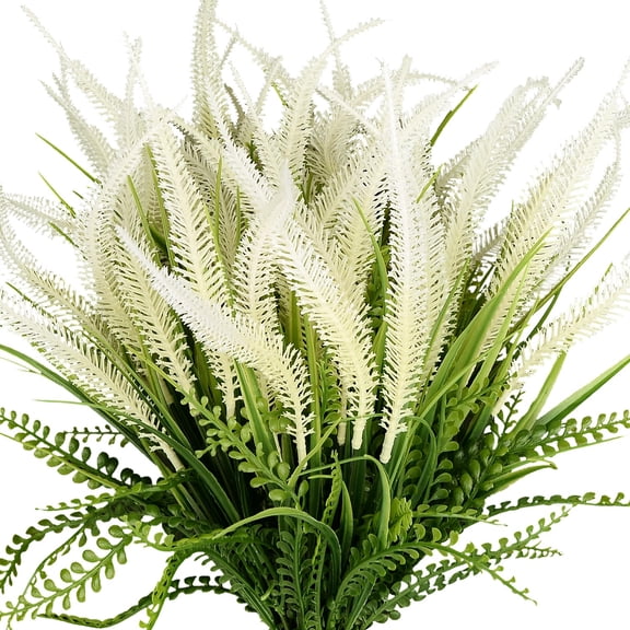 Artificial Outdoor Plants  15 Bundles of Faux Bead Grass Greenery, UV Resistant & Weatherproof Fake Plants for Patio, Porch, Garden, or Indoor DecorationWhite