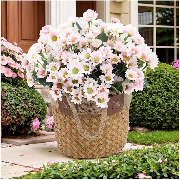 Artificial Outdoor Sunset Mums Flowers - Artificial Mums for Outdoors Look Real, Fall Mum Flowers Outdoor Potted, Realistic Fake Flower for Porch, Garden & Home Fall Decorations (5, Pink)