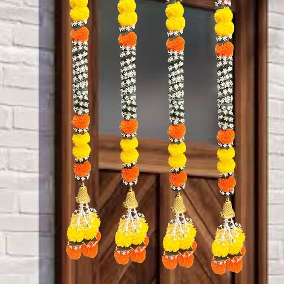 omsairam19 42-inch Yellow and Orange Artificial Marigold Garlands with Bells, 4-Pack