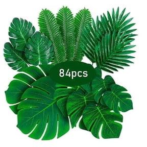 84Pcs Artificial Palm Leaves,6 Kinds Large Small Green Fake Palm Leafs with Stems for Hawaiian Party Table Decoration