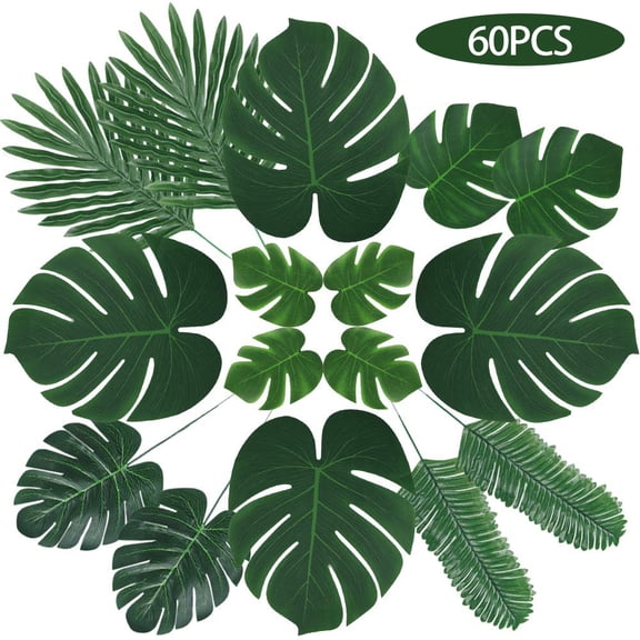 Artificial Palm Leaves Decorations - 60 pcs 6 Kinds Faux Tropical Leaves for Jungle Theme Party Supplies Safari Decorations Fake Monstera Leaf for Luau Dinosaur Hawaiian Party Decoration