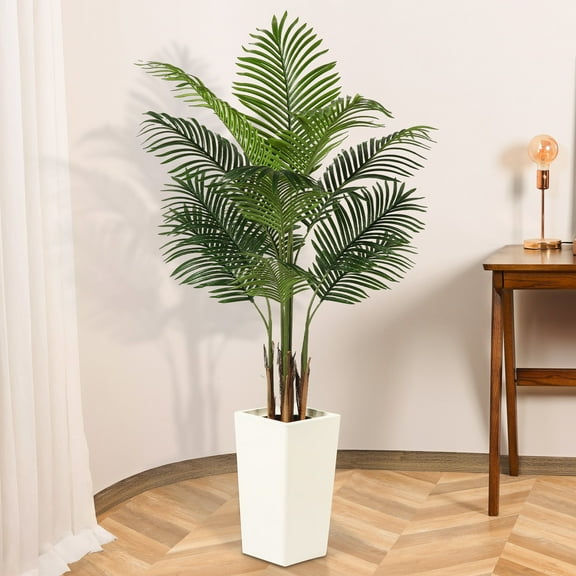 Artificial Palm Plant 5 FT, Faux Palm Tree in White Taper Planter with River Rock, Tall Fake Palm Trees with Adjustable Branches for Indoor Home Decor, Office, Pet-Friendly Spaces