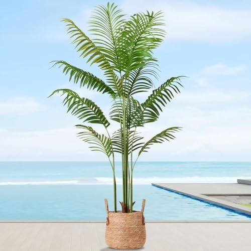 Artificial Palm Tree 5.5FT Tall Fake Tree Nearly Natural Large Tropical Faux Plant Faux Areca Palm Tree with Real Bark Design Artificial Silk Plant for Outdoor Home Office Living Room Decor