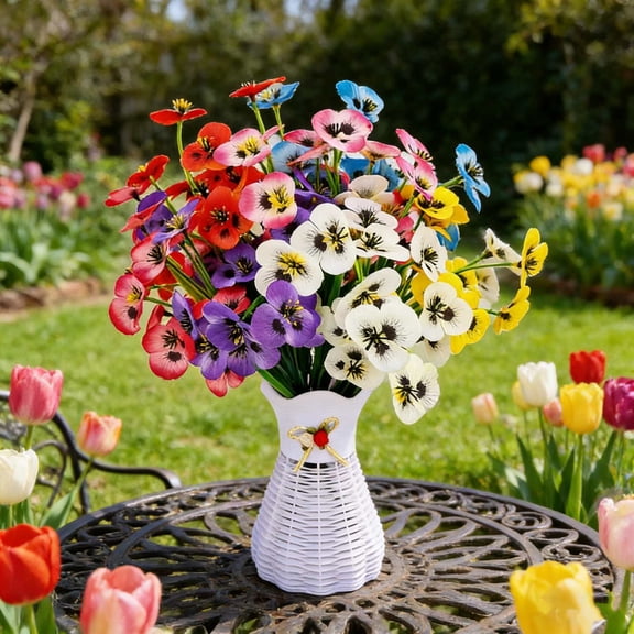 Artificial Pansy Forked Spring Grass Floral Leaf, Realistic Faux Blooms with Flexible Leaf, Vivid Color for Home Wedding Table Centerpiece Garden Vase Decor, Hot Pink