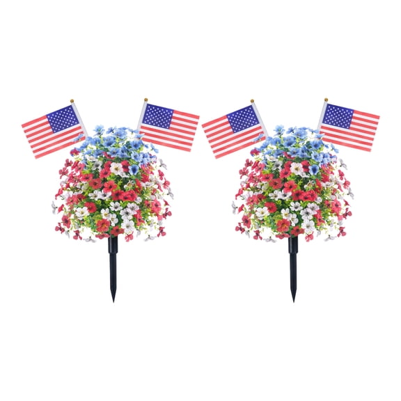 Artificial Patriotic Topiary Tree with American Flags, Red White Blue Flower Ball Decoration with Ground Stake, 4th of July Memorial Day Veteran Day Outdoor Garden Yard Lawn Patriotic Decor 2Pcs