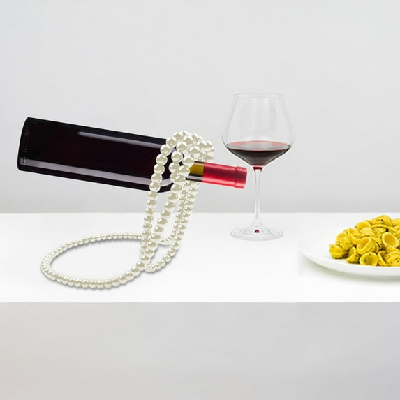 Artificial Pearl Necklace Floating Wine Rack Suspended Design Desktop Decor for Red Wine Bottles Iron Holder Functional Art for Bar Kitchen Dining Table