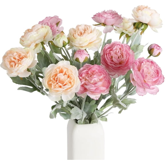 Artificial Peonies Ranunculus Silk Flowers 8Heads Pink Flowers Combo Champagne Fake Flowers .7" Faux Floral Arrangements Wedding Decorations for Home Kitchen (Champagne&Pink)