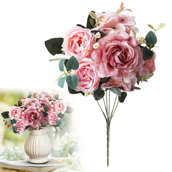 Artificial Peonies Silk Flowers, Faux Peony Bouquet, Florals Arrangements Decor for Farmhouse Home Valentine’s Day Wedding Table Centerpiece, Fake Plastic Flowers for Vase Decoration, 1 Pcs