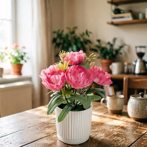 Artificial Peony Bonsai Potted, TOUMENY Lifelike Fake Peony Flower Bonsai, No Maintenance Plastic Peony for Courtyard Living Room Dining Table Decor, Pink