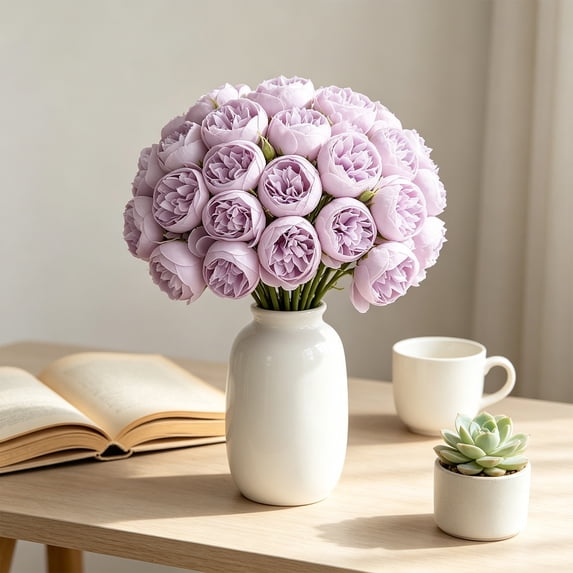 Artificial Peony Bouquet 27 Heads Faux Silk Flowers in Raffia Wrap Realistic Fake Peonies for Home Decor Vase Flowers for Living Room Table Centerpiece Wedding Farmhouse 1PCS