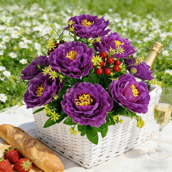 Artificial Peony Bouquet with Berries – 10-Head Silk Flower Arrangement for Wedding, Home Decor & Altar Display, Festive Faux Floral Centerpiece