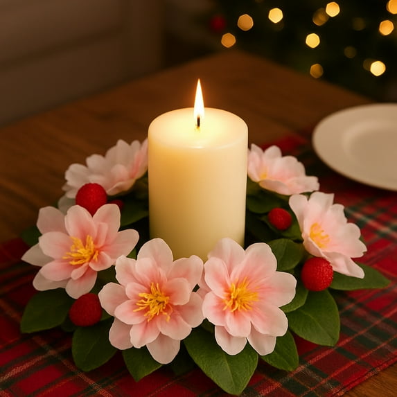 Artificial Peony Candle Ring, Plastic Flower Garland for Table Centerpiece and Holiday Decor, Candle Holder Accent(A)