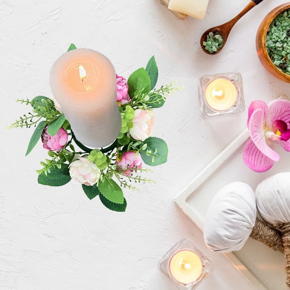 Artificial Peony Candlestick Wreath,Candle Ring Table Centerpiece,Home Wedding Holiday Decor,Reusable Non Fading Fake Flower,Indoor Table Floral Wreath,Home Wedding Table Decoration