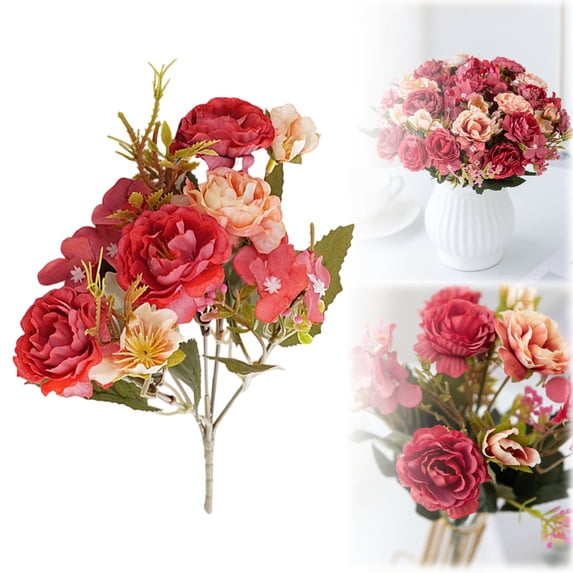 Artificial Peony Flower Bouquet European Style Silk Peonies Floral Arrangement for Vase Table Centerpiece Wedding Party Living Room Home Decor,1 Bundle,Red