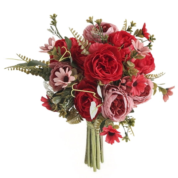 Artificial Peony Flower Bouquets, Mixed Flower Foliage Bunches, Cosmug Home Floral Centerpiece, for Vase Styling, Dining Table Layout and Living Room Display, Red