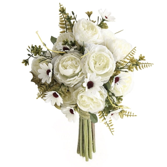 Artificial Peony Flower Bouquets, Mixed Flower Foliage Bunches, Cosmug Home Floral Centerpiece, for Vase Styling, Dining Table Layout and Living Room Display, White