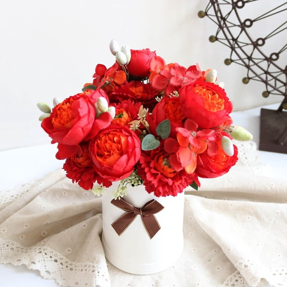 Artificial Peony Flower Silk Peonies Bouquet 4 Bundles Fake Flowers Bulk for Home Wedding Party Decor (Red)
