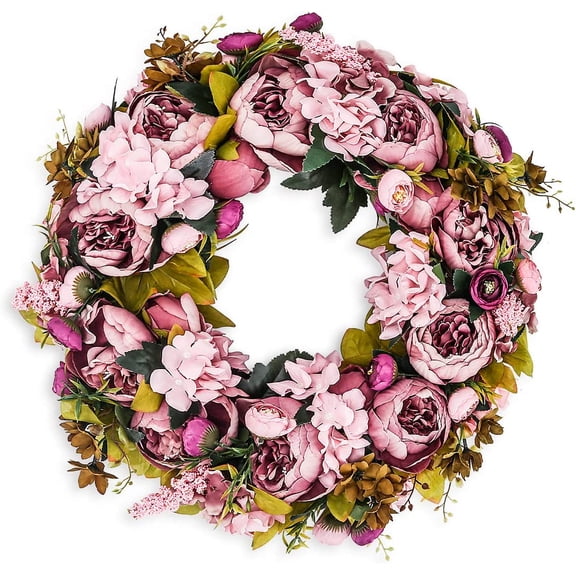 Artificial Peony Flower Wreath 19Inch Vintage Blooming Silk Peonies Spring Summer Fall Winter Large Wreaths Flower Green Leaves for Outdoor Front Door Indoor Wedding Wall Or Window Décor
