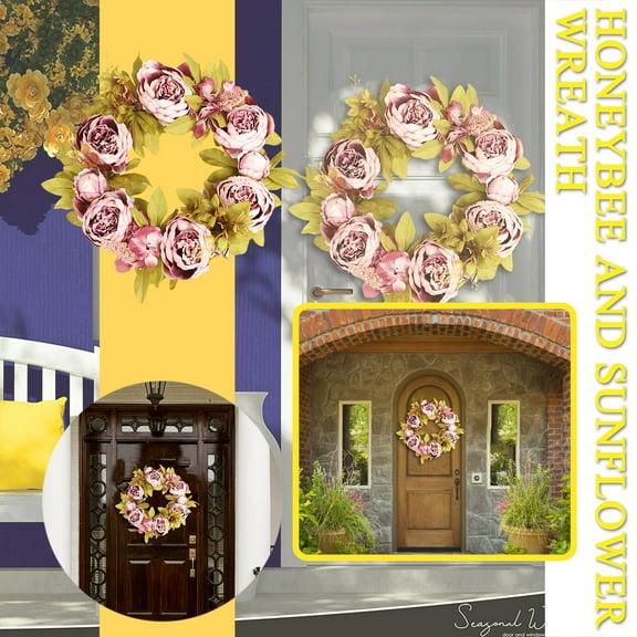 Artificial Peony Flower Wreath - Vintage Blooming Silk Peonies Spring Summer Fall Winter Large Wreaths Flower Green Leaves for Outdoor Front Door Indoor Wedding Wall Or Window Décor