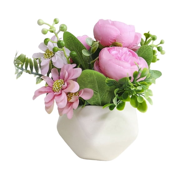 Artificial Peony Potted Plant, Faux Peony Arrangement in Geometric Planter, Fake Peony Plant for Home Office Desk Table Decor, Silk Peony Centerpiece for Living Room Bedroom Wedding Decoration