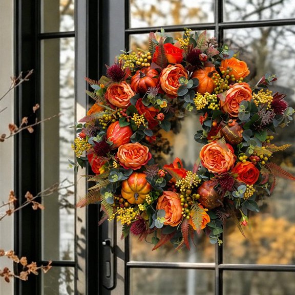 Artificial Peony Pumpkin Fall Wreaths for Front Door