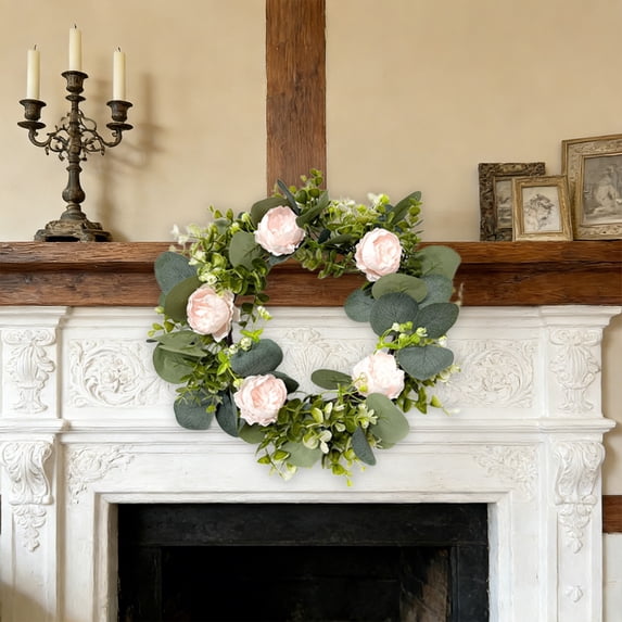 Artificial Peony Wreath, 17" Round, Silk & Rattan, Multi-Purpose, Christmas, Wedding, Door & Wall Mount