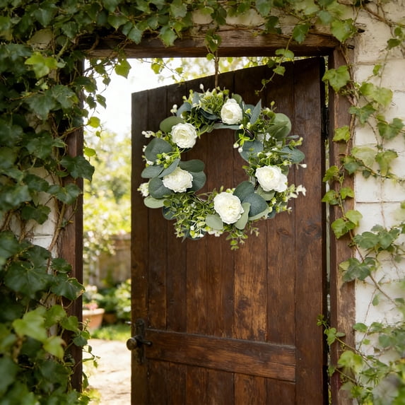 Artificial Peony Wreath, 17" Round, Silk & Rattan, Multi-Purpose, Christmas, Wedding, Door & Wall Mount