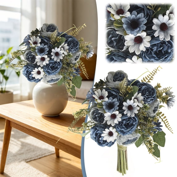 Artificial Peony and Rose Bouquet, Faux Silk Flowers with Greenery for Wedding, Bridal Arrangement, Vase, Table Centerpiece and Home Decor, Navy Blue
