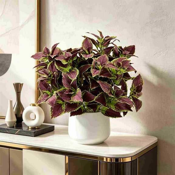 Artificial Perilla Leaves Plastic Faux Plant Lifelike Foliage for Home Interior Background Wall Landscaping Decor,Purple