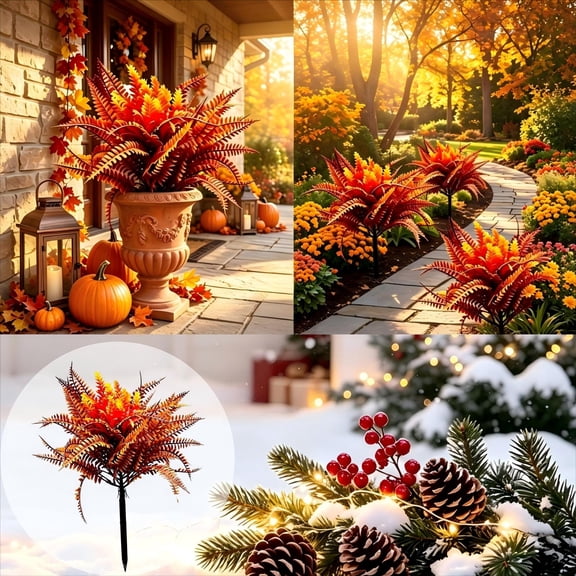 Artificial Persian Leaves, Wheat Stems, Ground Stake Plants, 18.9 Inch Green Foliage, Weather Resistant Garden Decoration for Outdoor Yard and Holiday