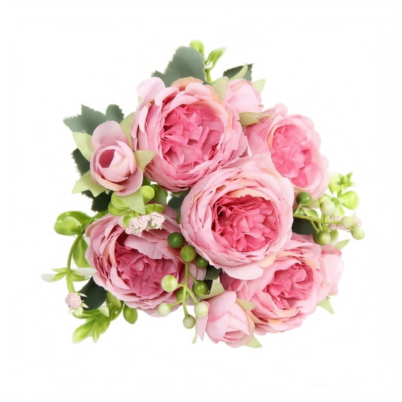 Artificial Persian Rose Bouquet with 5 Large Heads and 4 Buds, 12.6 Inches Long, Pink, for Home and Wedding Table Decor, Faux Silk Flower Arrangement