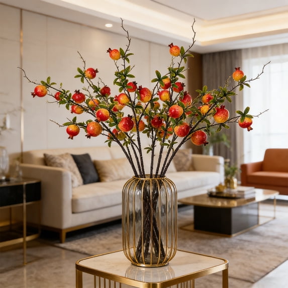 Artificial Persimmon Pomegranate Fruit Branches, Realistic Plump Fruit Bendable Leafs, Faux Fruit Leaf for Living Room Window Wedding Decor Photography Props Home Display, B