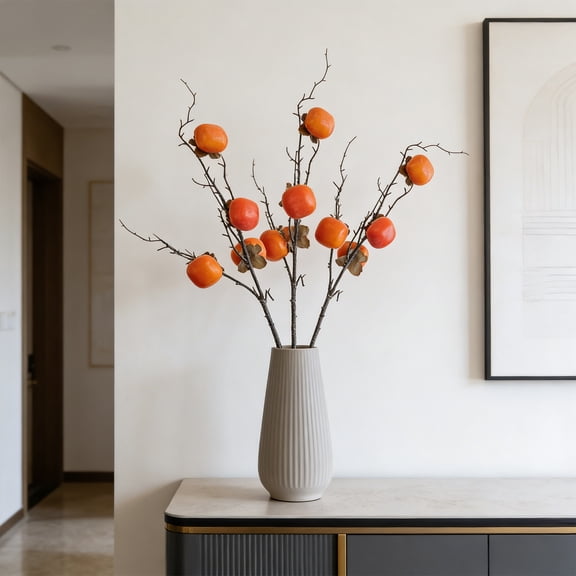 Artificial Persimmon Pomegranate Fruit Branches, Realistic Plump Fruit Bendable Leafs, Faux Fruit Leaf for Living Room Window Wedding Decor Photography Props Home Display, C