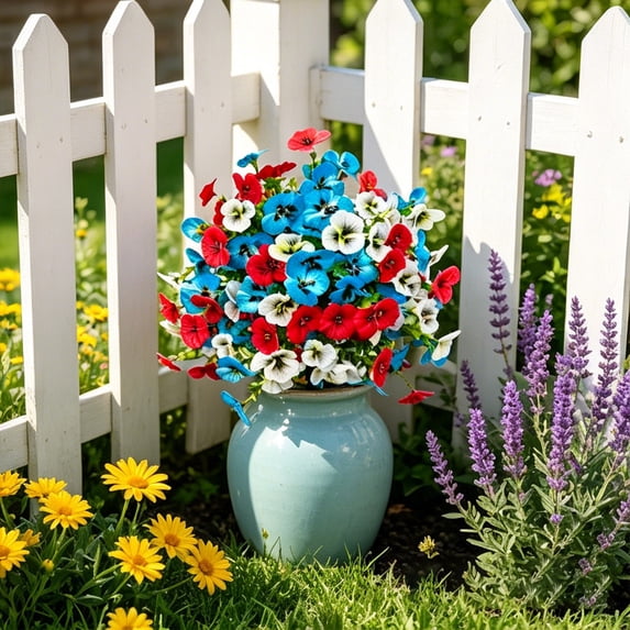 Artificial Petunias Flowers for Outdoor, Fake Plants Long Vine Morning Glory Eucalyptus, UV Resistant Realistic Faux Greenery Outside Patio Porch Garden Spring Decor, Red Blue White