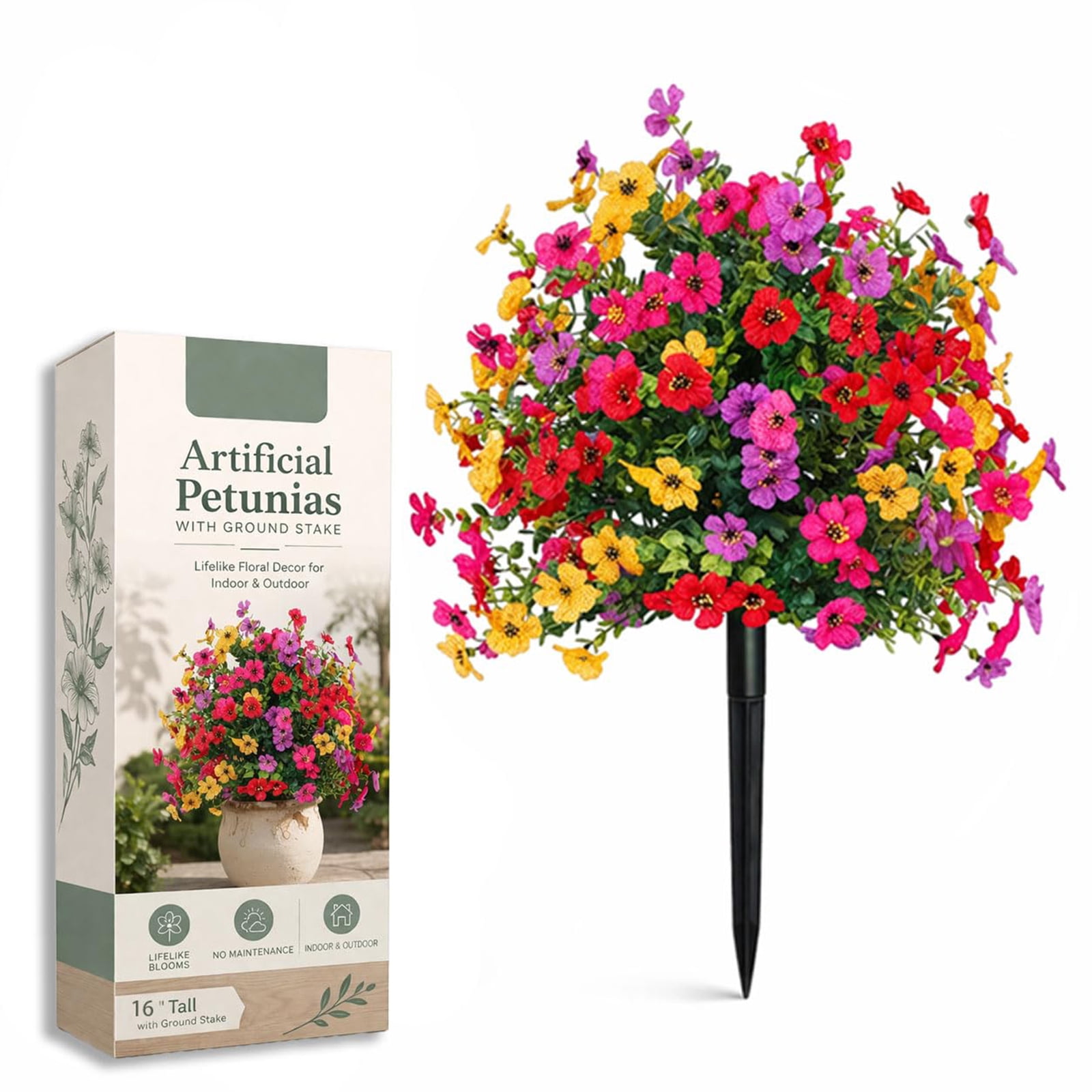 Artificial Petunias with Ground Stake, 22 Inch Artificial Flowers for Outdoors Stick in Ground, Lifelike Faux Flowers for Garden, Yard, Planter, Porch, Indoor Outdoor Home Decor