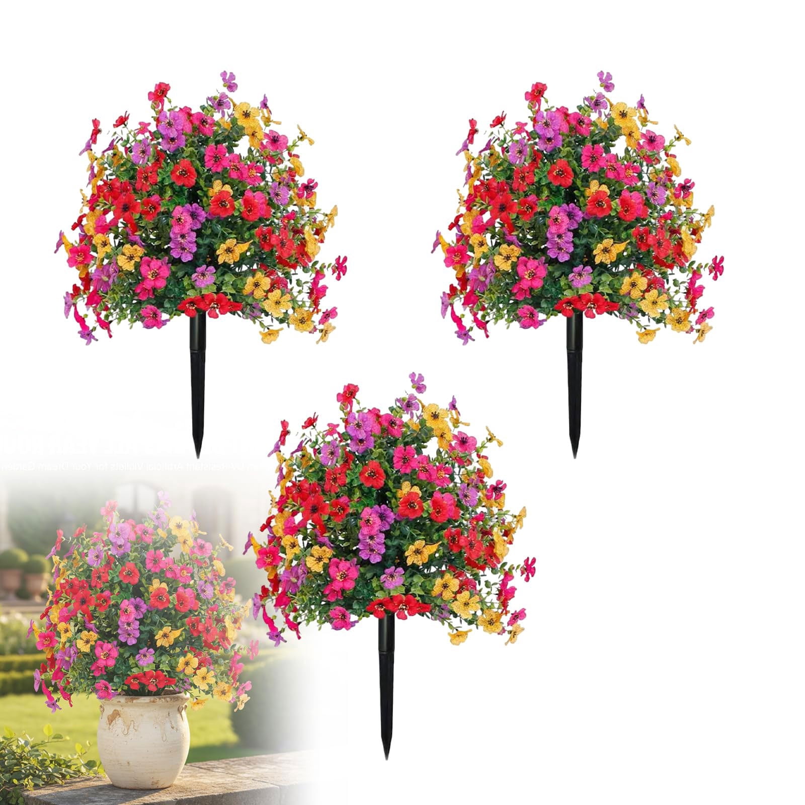 Artificial Petunias with Ground Stake, 22" Outdoor Faux Flowers for Garden Yard Planter Porch - Lifelike Decorative Flowers for Indoor Outdoor Home Decor(3pcs)