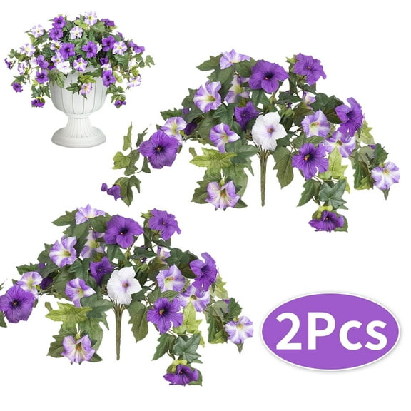 Artificial Petunias Silk Flowers Flower Floral Plants 2 Pack - Home, Garden, Balcony, Yard, and Porch Decor Indoor Outdoor (Purple & White)
